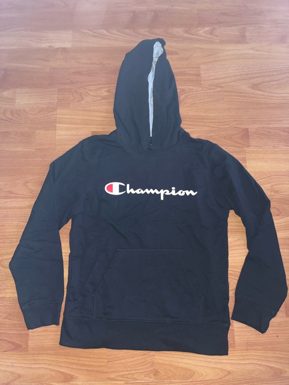 Champion Black Hoodie with White Script and Red Logo